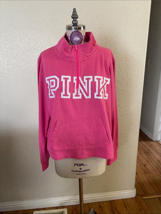 PINK Victoria's Secret Tops - PINK Victoria's Secret Half-Zip Fleece Pullover - Hot Pink with White Logo